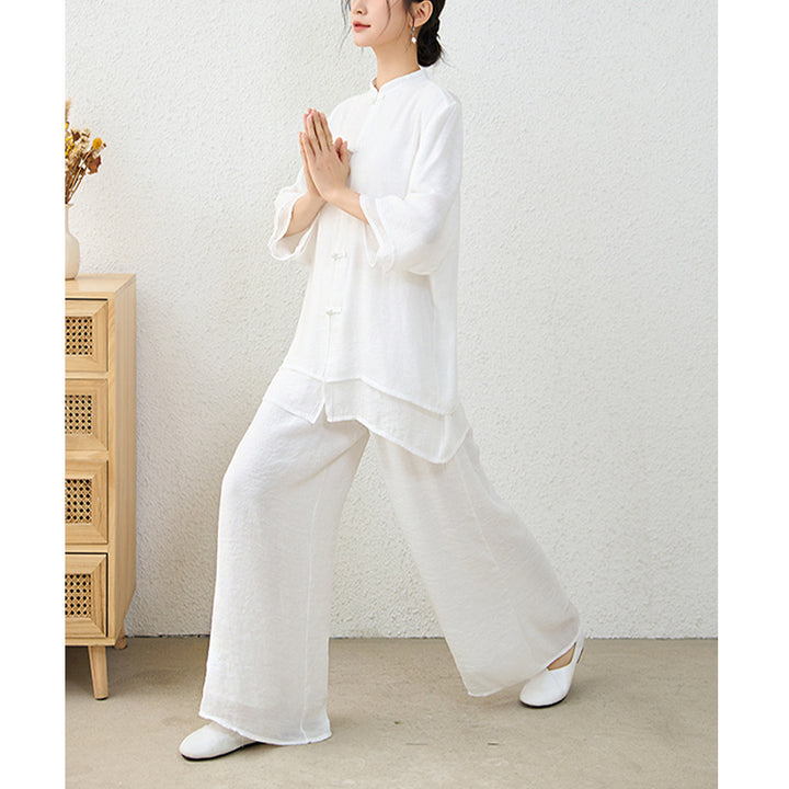 Buddha Stones 2 pezzi semplice cinese rana pulsante design top pantaloni meditazione yoga zen tai chi cotone abbigliamento donna set - image 21