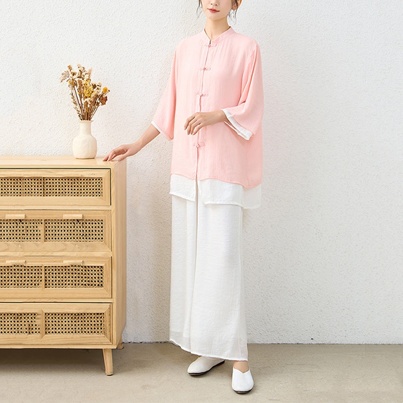 Buddha Stones 2 pezzi semplice cinese rana pulsante design top pantaloni meditazione yoga zen tai chi cotone abbigliamento donna set - image 5