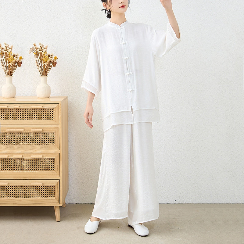 Buddha Stones 2 pezzi semplice cinese rana pulsante design top pantaloni meditazione yoga zen tai chi cotone abbigliamento donna set - image 17