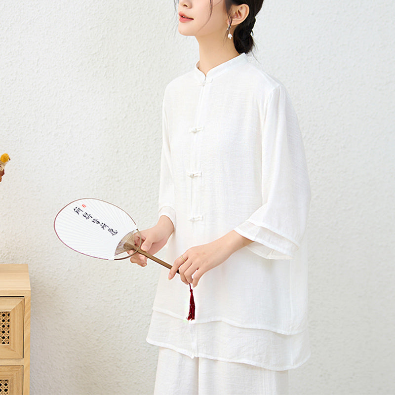 Buddha Stones 2 pezzi semplice cinese rana pulsante design top pantaloni meditazione yoga zen tai chi cotone abbigliamento donna set - image 16