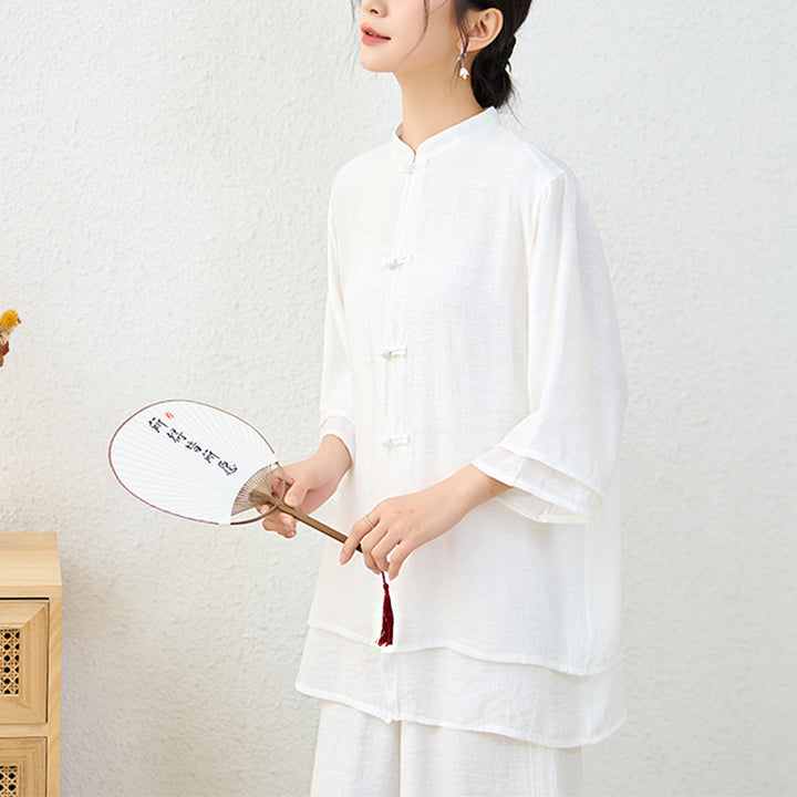 Buddha Stones 2 pezzi semplice cinese rana pulsante design top pantaloni meditazione yoga zen tai chi cotone abbigliamento donna set - image 16