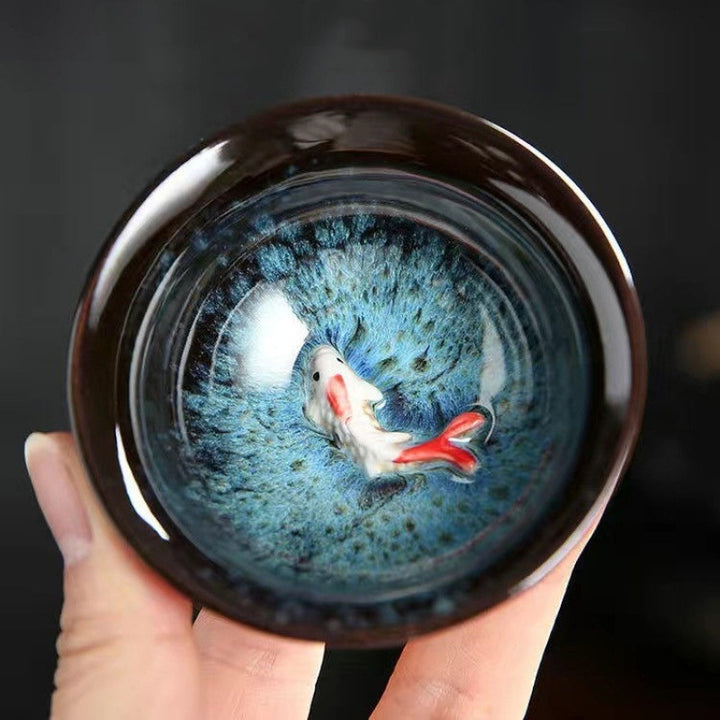 Buddha Stones Piccolo pesce Koi Blu Kiln Change Tazza da tè in ceramica cinese Jianzhan Tazza da tè Kung Fu 75 ml