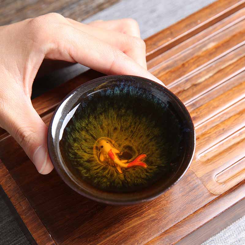 Buddha Stones Piccolo pesce Koi Blu Kiln Change Tazza da tè in ceramica cinese Jianzhan Tazza da tè Kung Fu 75 ml