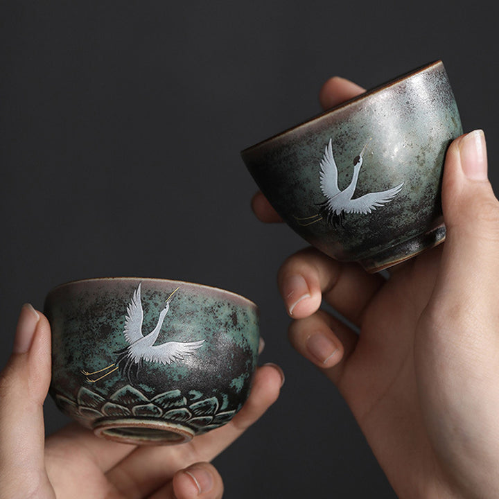 Tazza da tè in ceramica con gru di buon auspicio , Buddha Stones, tazza da tè Kung Fu