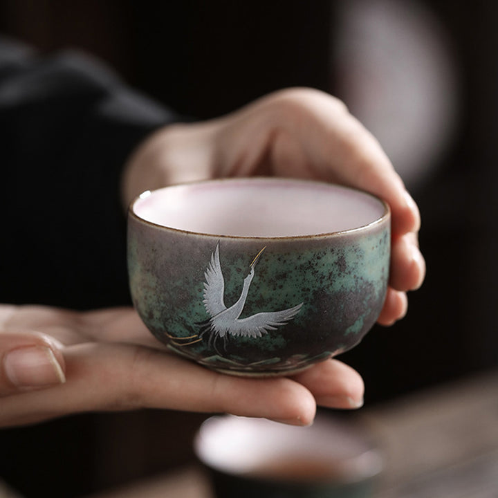 Tazza da tè in ceramica con gru di buon auspicio , Buddha Stones, tazza da tè Kung Fu