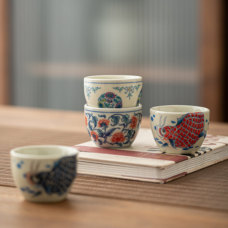 Buddha Stones Koi Fish Arowana Peonia Girasole Tazza da tè in ceramica Tazza da tè Kung Fu 60ml