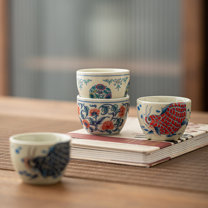 Buddha Stones Koi Fish Arowana Peonia Girasole Tazza da tè in ceramica Tazza da tè Kung Fu 60ml