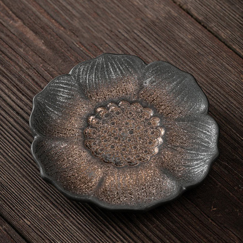 Buddha Stones Vintage Lotus Flower Ceramica Tazza Sottobicchiere Tazza da Tè Kung Fu Tappetino da Tè - Marrone 9,8*1,7 cm - image 1
