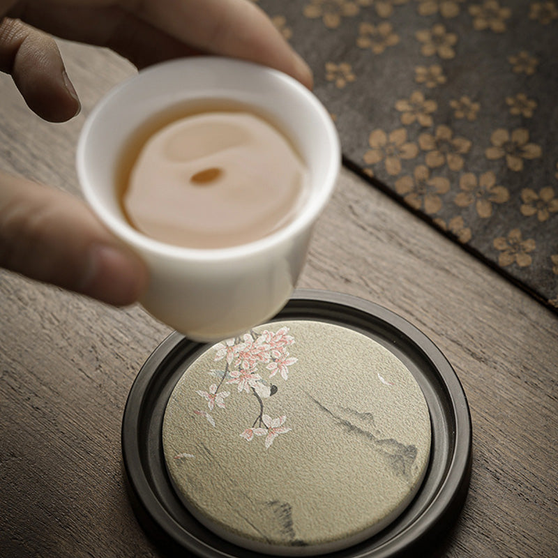 Buddha Stones Plum Blossom Peach Heart Sutra Nespolo Giapponese Magnolia Cachi Ceramic Cup Mat Pad Coaster Kung Fu Tea Mat