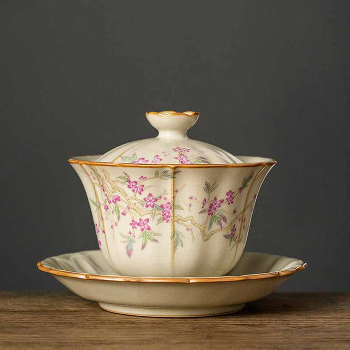 Buddha Stones Beige Plum Blossom Shape Peach Branch Ceramic Gaiwan Sancai Tazza da tè Kung Fu Tazza da tè con coperchio