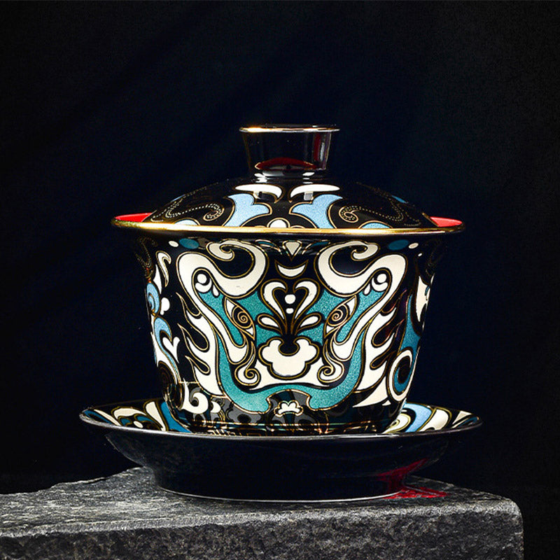 Buddha Stones Maschera dell'Opera di Pechino Modello Ceramica Gaiwan Sancai Tazza da Tè Kung Fu Tazza da Tè e Piattino con Coperchio Teiera