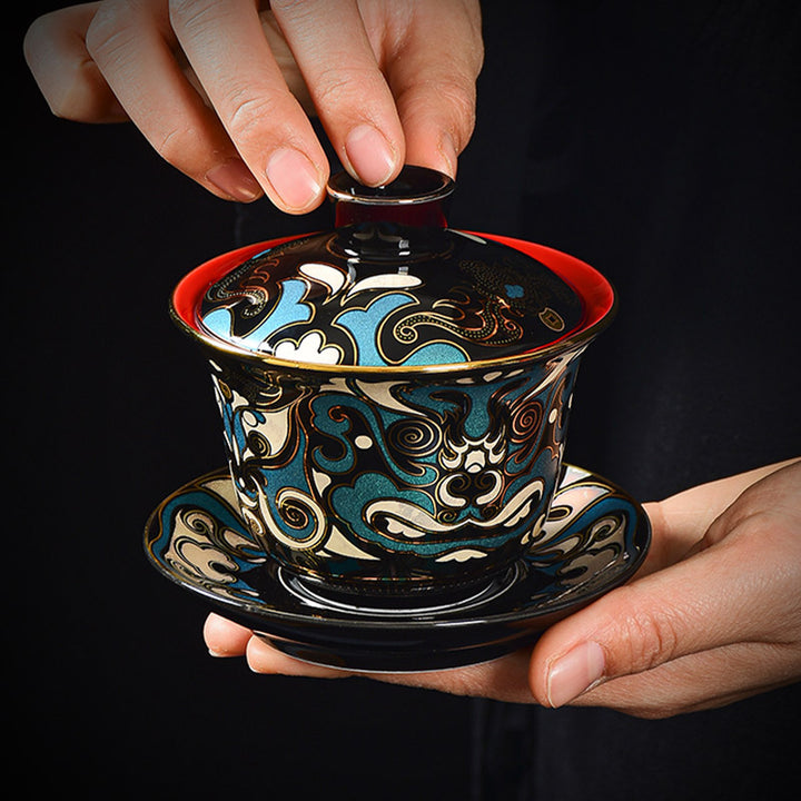 Buddha Stones Maschera dell'Opera di Pechino Modello Ceramica Gaiwan Sancai Tazza da Tè Kung Fu Tazza da Tè e Piattino con Coperchio Teiera