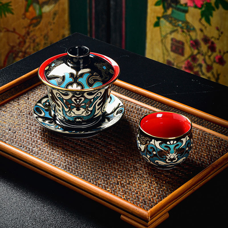 Buddha Stones Maschera dell'Opera di Pechino Modello Ceramica Gaiwan Sancai Tazza da Tè Kung Fu Tazza da Tè e Piattino con Coperchio Teiera