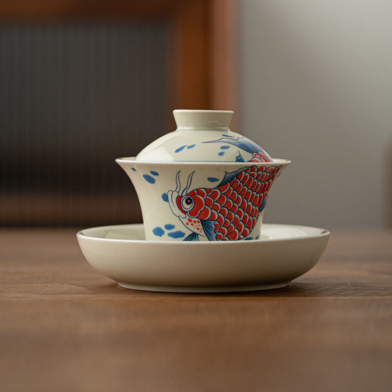 Buddha Stones Koi Fish Arowana Ceramica Gaiwan Sancai Tazza da tè Kung Fu Tazza da tè con coperchio 130ml
