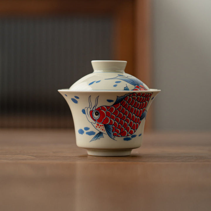 Buddha Stones Koi Fish Arowana Ceramica Gaiwan Sancai Tazza da tè Kung Fu Tazza da tè con coperchio 130ml