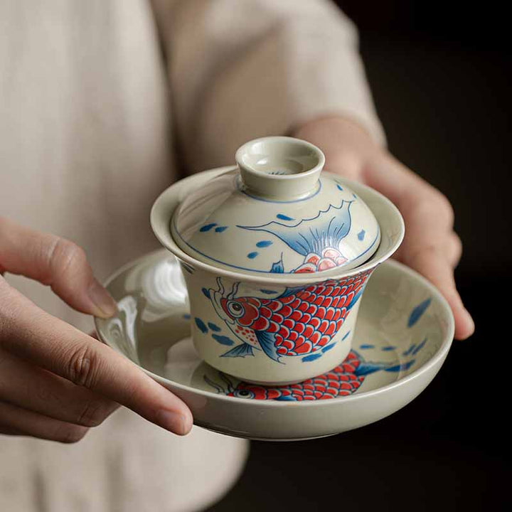 Buddha Stones Koi Fish Arowana Ceramica Gaiwan Sancai Tazza da tè Kung Fu Tazza da tè con coperchio 130ml