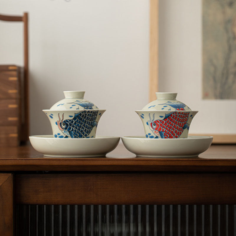 Buddha Stones Koi Fish Arowana Ceramica Gaiwan Sancai Tazza da tè Kung Fu Tazza da tè con coperchio 130ml