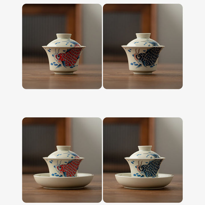 Buddha Stones Koi Fish Arowana Ceramica Gaiwan Sancai Tazza da tè Kung Fu Tazza da tè con coperchio 130ml