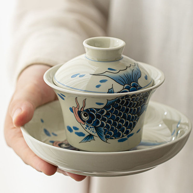 Buddha Stones Koi Fish Arowana Ceramica Gaiwan Sancai Tazza da tè Kung Fu Tazza da tè con coperchio 130ml