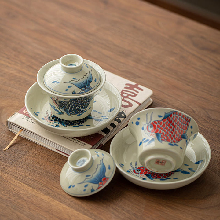 Buddha Stones Koi Fish Arowana Ceramica Gaiwan Sancai Tazza da tè Kung Fu Tazza da tè con coperchio 130ml
