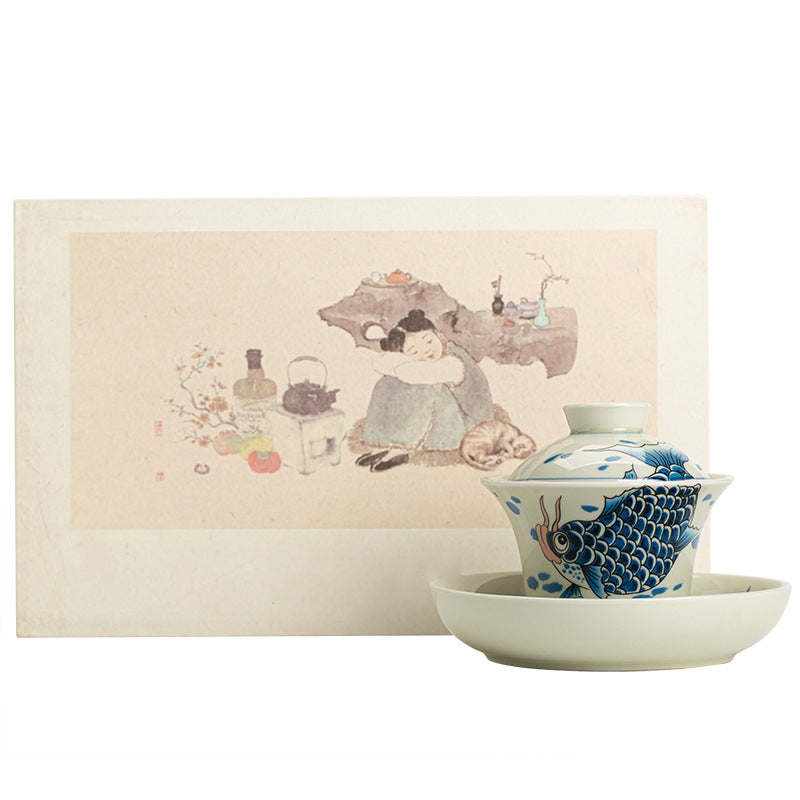 Buddha Stones Koi Fish Arowana Ceramica Gaiwan Sancai Tazza da tè Kung Fu Tazza da tè con coperchio 130ml