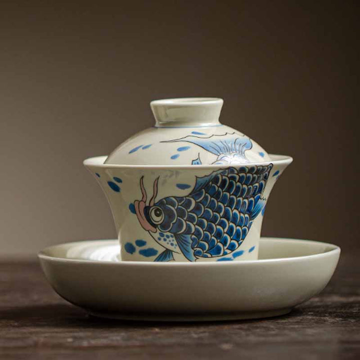 Buddha Stones Koi Fish Arowana Ceramica Gaiwan Sancai Tazza da tè Kung Fu Tazza da tè con coperchio 130ml