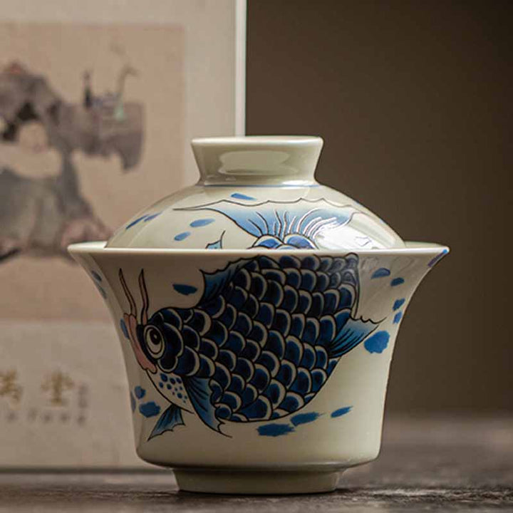 Buddha Stones Koi Fish Arowana Ceramica Gaiwan Sancai Tazza da tè Kung Fu Tazza da tè con coperchio 130ml
