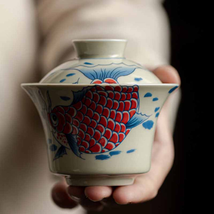 Buddha Stones Koi Fish Arowana Ceramica Gaiwan Sancai Tazza da tè Kung Fu Tazza da tè con coperchio 130ml