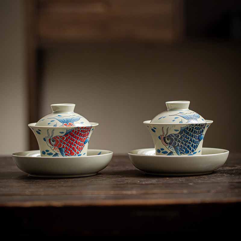 Buddha Stones Koi Fish Arowana Ceramica Gaiwan Sancai Tazza da tè Kung Fu Tazza da tè con coperchio 130ml