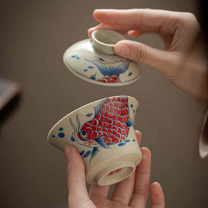 Buddha Stones Koi Fish Arowana Ceramica Gaiwan Sancai Tazza da tè Kung Fu Tazza da tè con coperchio 130ml