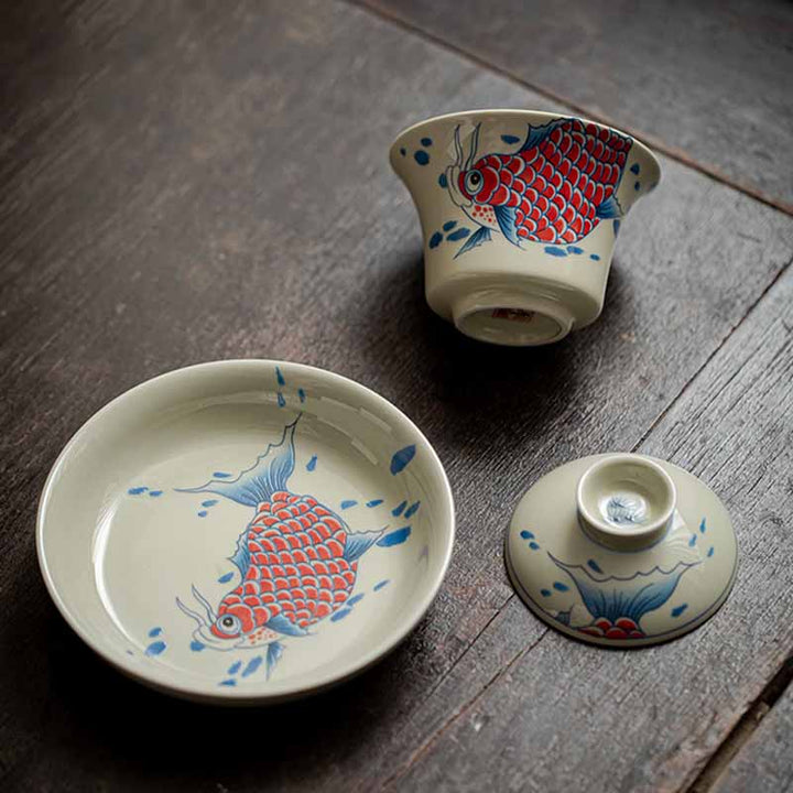 Buddha Stones Koi Fish Arowana Ceramica Gaiwan Sancai Tazza da tè Kung Fu Tazza da tè con coperchio 130ml
