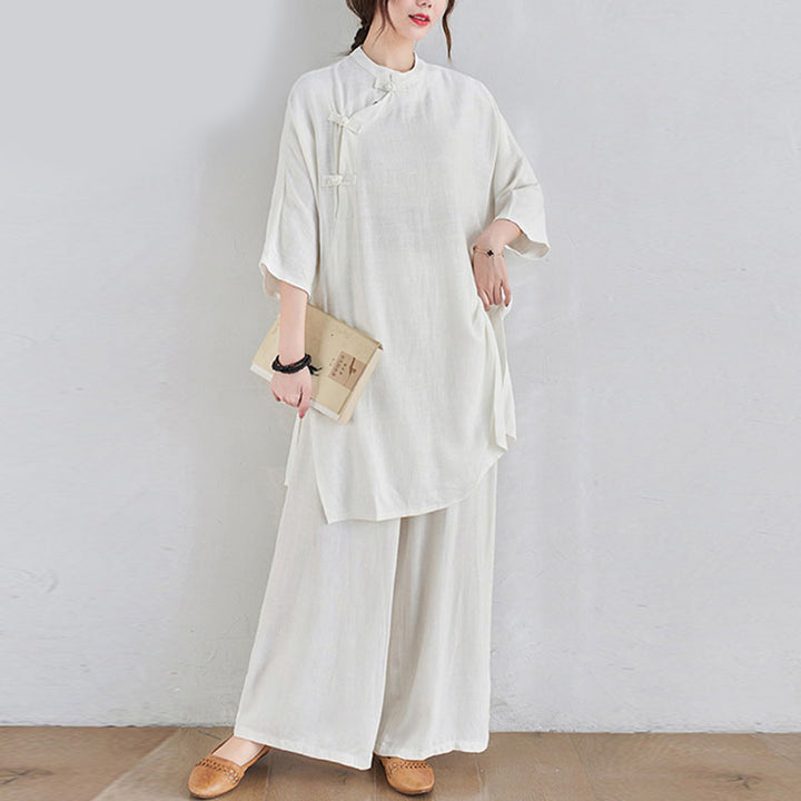 Buddha Stones 2 pezzi design semplice Zen Tai Chi Meditazione Abbigliamento cotone lino Top Pantaloni Set da donna - Bianco (top e pantaloni) - US12, UK/AU16, EU44 (2XL) - image 13