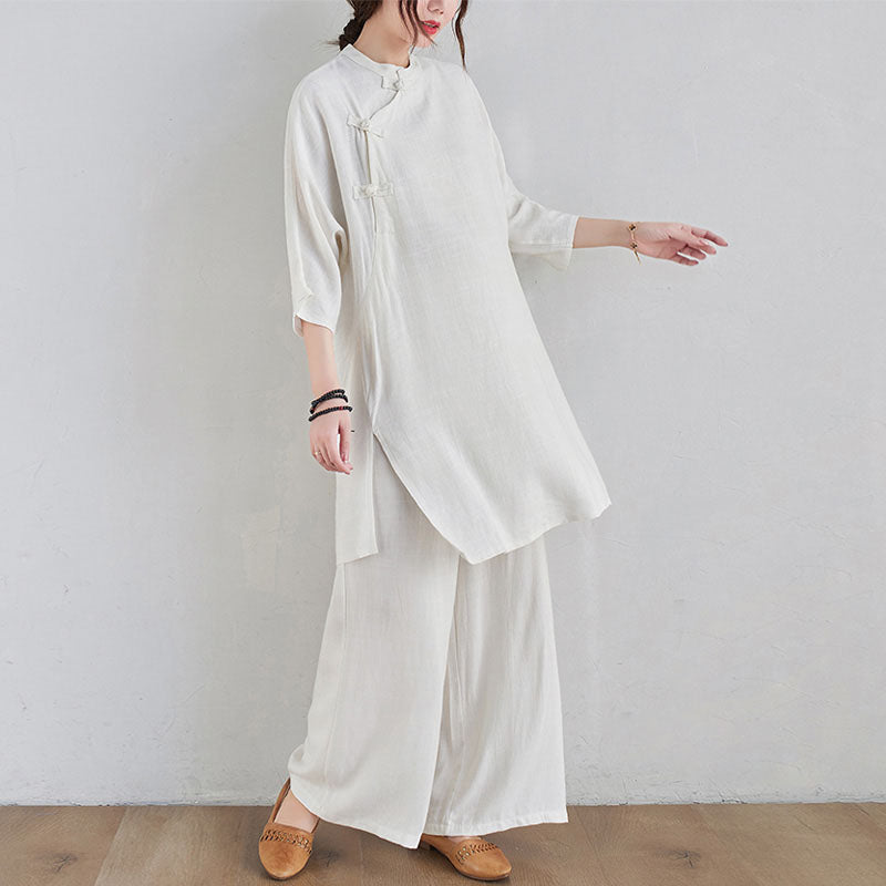 Buddha Stones 2 pezzi design semplice Zen Tai Chi Meditazione Abbigliamento cotone lino Top Pantaloni Set da donna - image 14