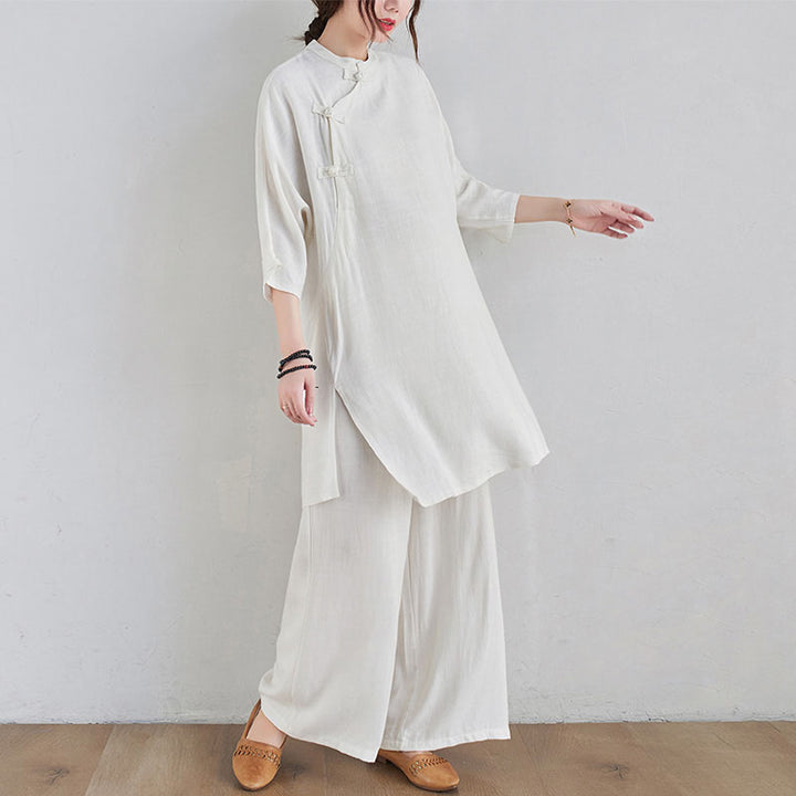 Buddha Stones 2 pezzi design semplice Zen Tai Chi Meditazione Abbigliamento cotone lino Top Pantaloni Set da donna - image 14