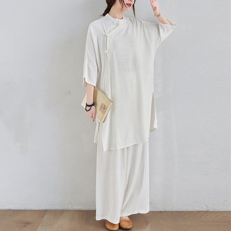 Buddha Stones 2 pezzi design semplice Zen Tai Chi Meditazione Abbigliamento cotone lino Top Pantaloni Set da donna - image 16