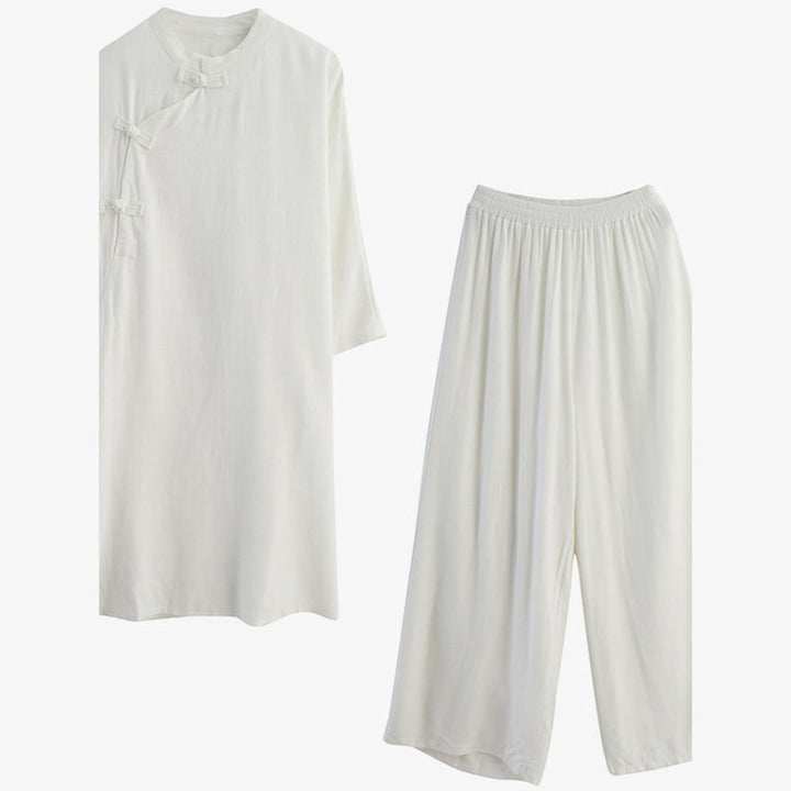 Buddha Stones 2 pezzi design semplice Zen Tai Chi Meditazione Abbigliamento cotone lino Top Pantaloni Set da donna - image 18