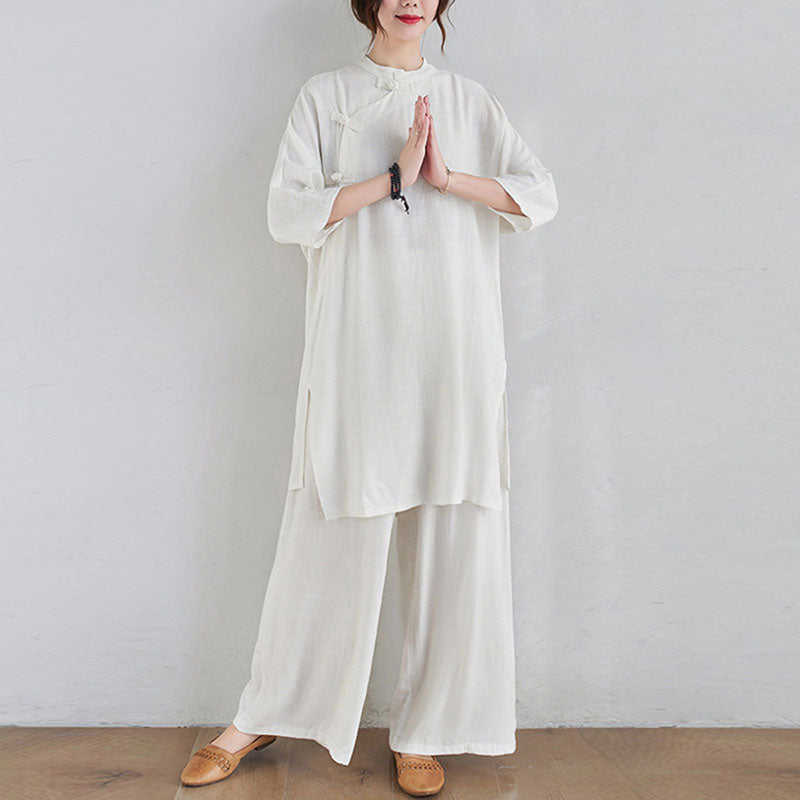 Buddha Stones 2 pezzi design semplice Zen Tai Chi Meditazione Abbigliamento cotone lino Top Pantaloni Set da donna - image 15