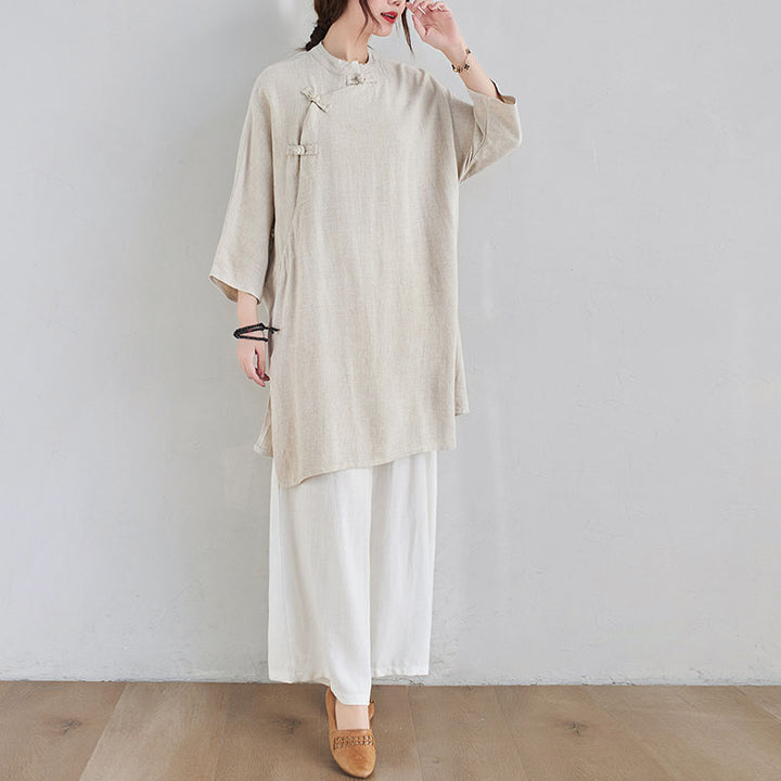 Buddha Stones 2 pezzi design semplice Zen Tai Chi Meditazione Abbigliamento cotone lino Top Pantaloni Set da donna - image 3