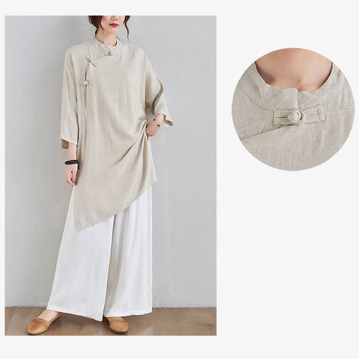 Buddha Stones 2 pezzi design semplice Zen Tai Chi Meditazione Abbigliamento cotone lino Top Pantaloni Set da donna - image 8