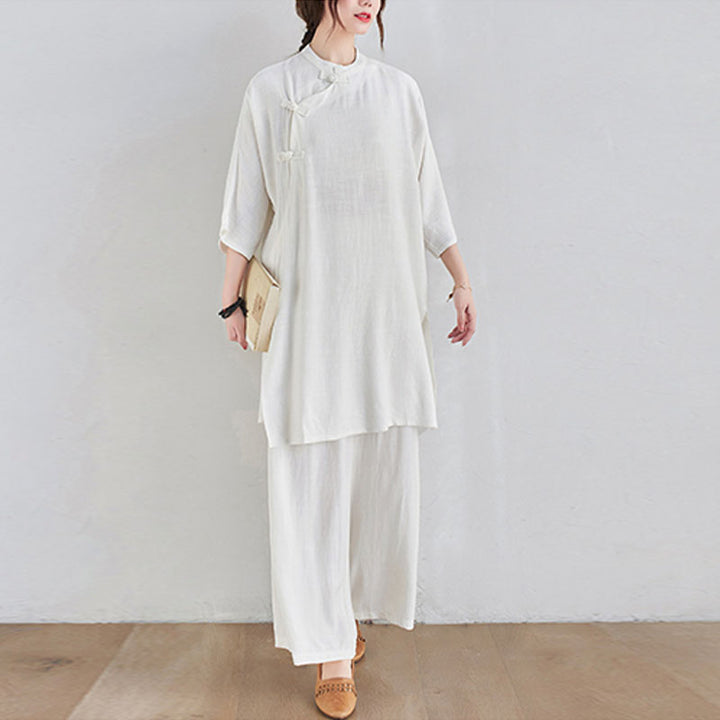 Buddha Stones 2 pezzi design semplice Zen Tai Chi Meditazione Abbigliamento cotone lino Top Pantaloni Set da donna - image 17