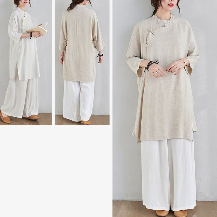 Buddha Stones 2 pezzi design semplice Zen Tai Chi Meditazione Abbigliamento cotone lino Top Pantaloni Set da donna - image 12