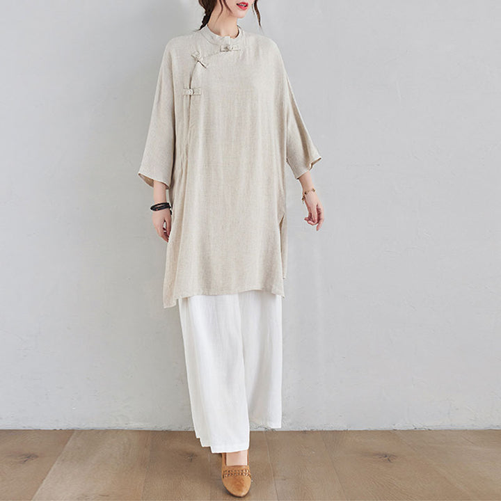 Buddha Stones 2 pezzi design semplice Zen Tai Chi Meditazione Abbigliamento cotone lino Top Pantaloni Set da donna - image 2