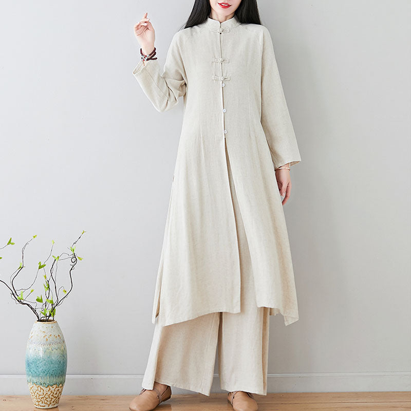 Buddha Stones 2 pezzi cinese rana pulsante design zen tai chi meditazione abbigliamento cotone lino top pantaloni set da donna - Beige (Top e pantaloni) - US8-10， UK/AU12-14， EU40-42 (2XL) - image 0