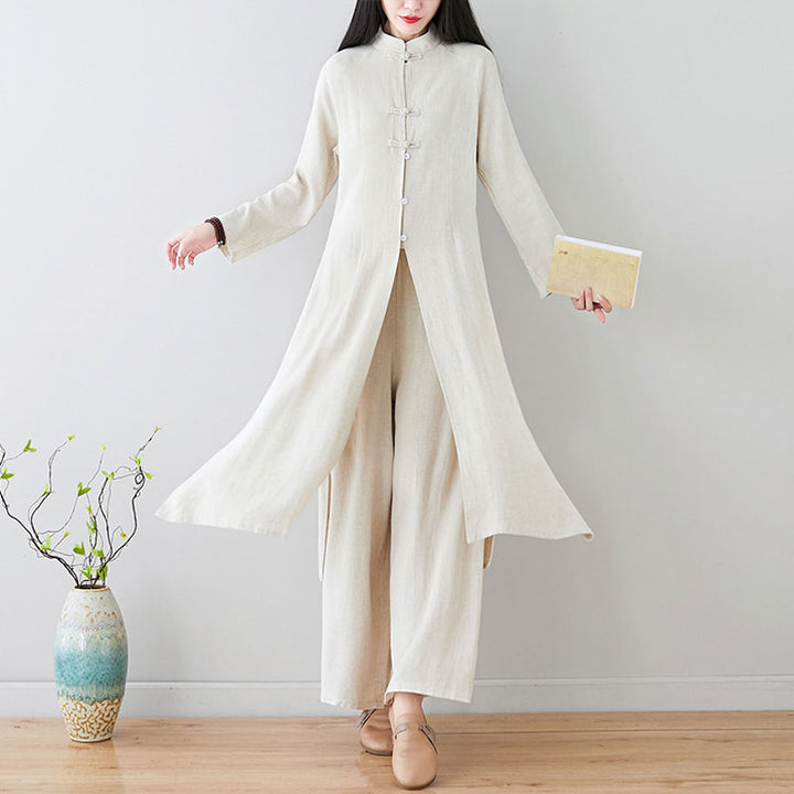 Buddha Stones 2 pezzi cinese rana pulsante design zen tai chi meditazione abbigliamento cotone lino top pantaloni set da donna - image 1