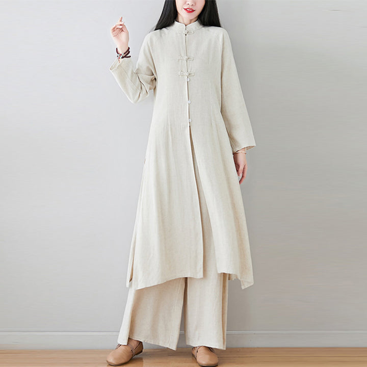 Buddha Stones 2 pezzi cinese rana pulsante design zen tai chi meditazione abbigliamento cotone lino top pantaloni set da donna - image 18
