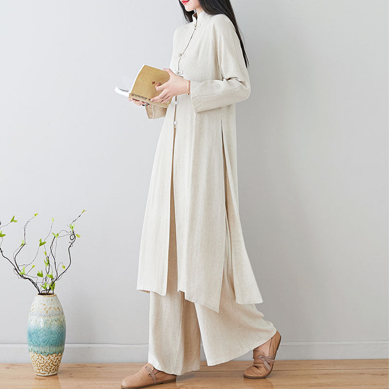 Buddha Stones 2 pezzi cinese rana pulsante design zen tai chi meditazione abbigliamento cotone lino top pantaloni set da donna - image 19