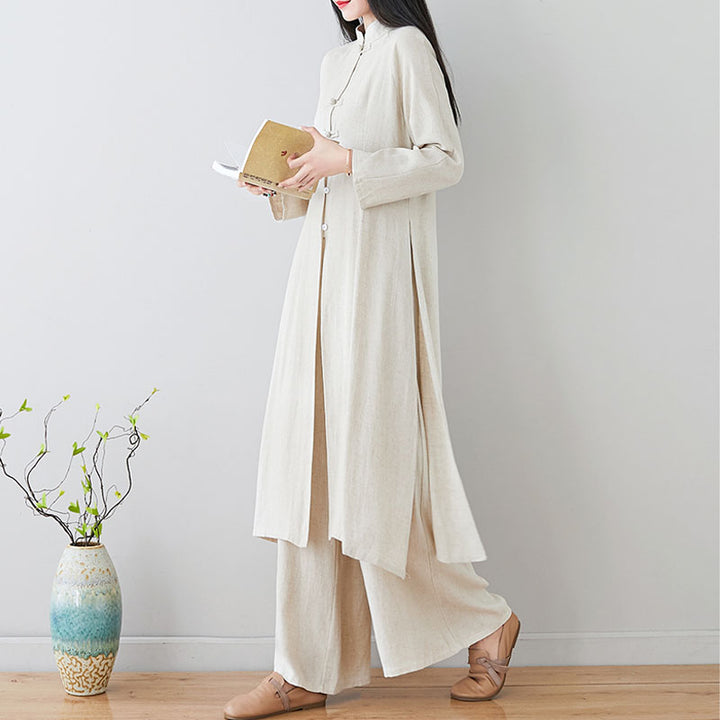 Buddha Stones 2 pezzi cinese rana pulsante design zen tai chi meditazione abbigliamento cotone lino top pantaloni set da donna - image 19