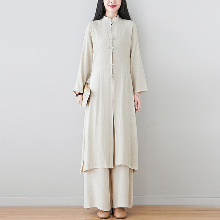 Buddha Stones 2 pezzi cinese rana pulsante design zen tai chi meditazione abbigliamento cotone lino top pantaloni set da donna - image 2