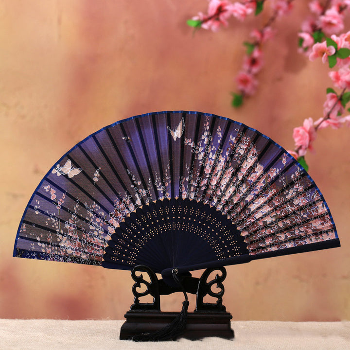 Buddha Stones Cherry Blossom Lily Butterfly Bamboo Ventaglio pieghevole in bambù portatile 21 cm - Farfalla blu in fiore di ciliegio 21 cm - image 1