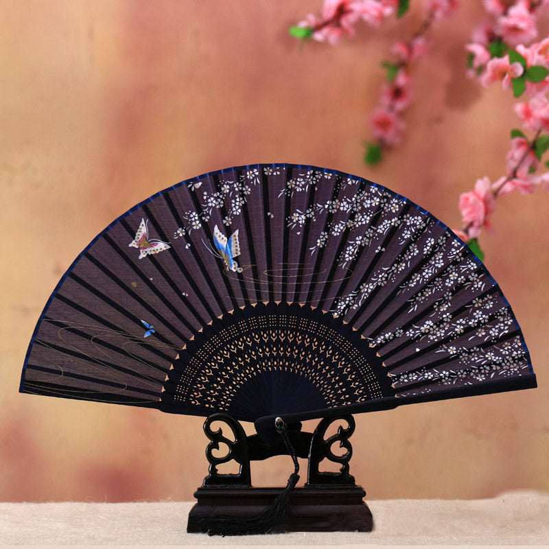 Buddha Stones Cherry Blossom Lily Butterfly Bamboo Ventaglio pieghevole in bambù portatile 21 cm - Farfalla di fiori di ciliegio 21 cm - image 0